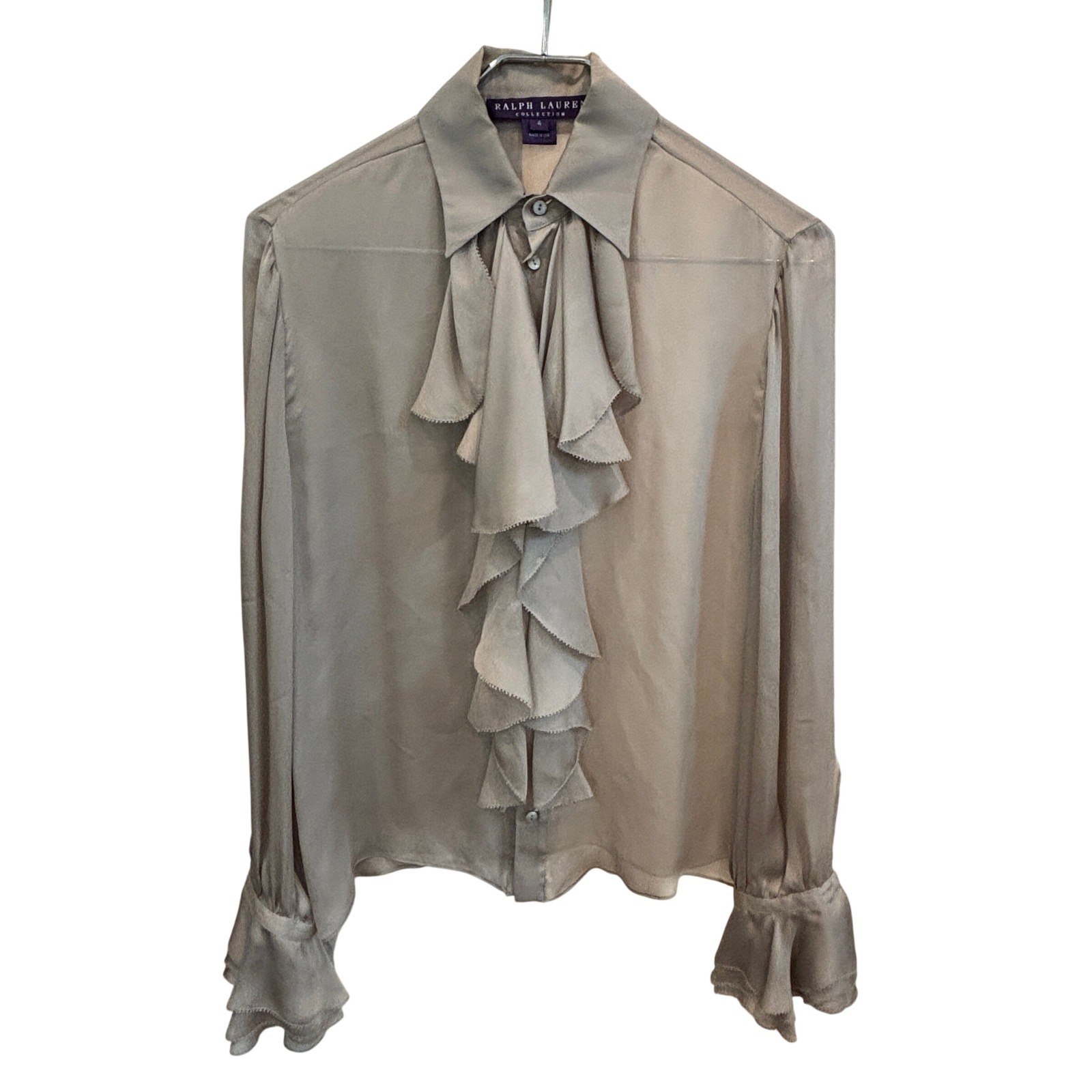 Ralph Lauren Purple Label Collection Silk Ruffle Blouse Taupe Bow Shirt, 4